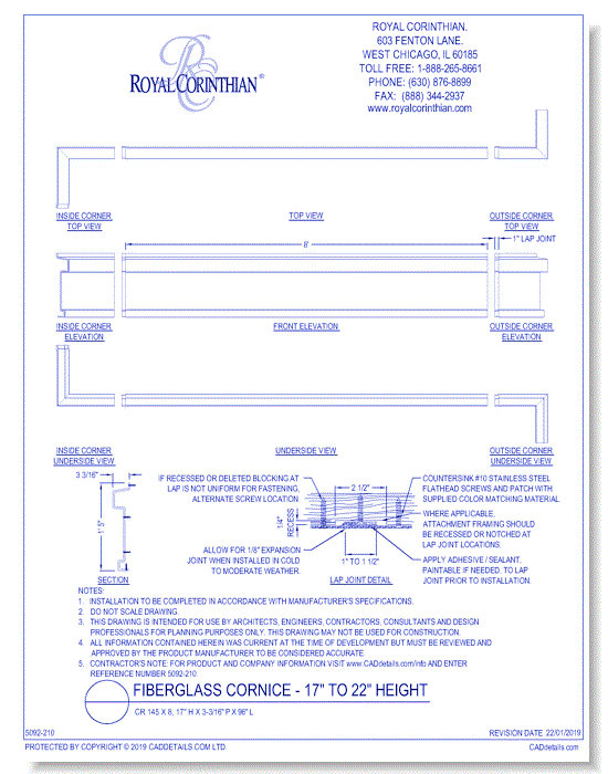 Fiberglass Cornice: CR 145x8, 17" H x 3 3/16" P x 96" L