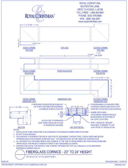 Fiberglass Cornice: CR 160x8, 23" 1/4" H x 28 5/8" P x 96" L