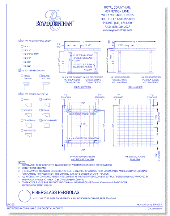 14' X 12' Up To 22' Fiberglass Pergola, Round/square Columns, Free Standing