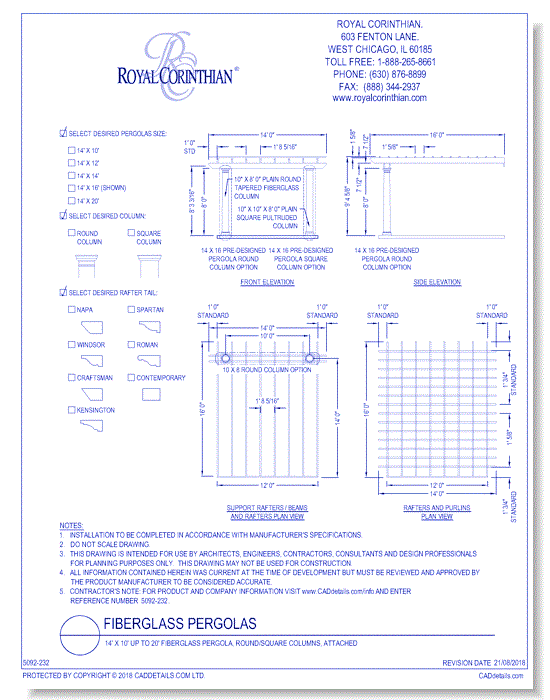 14' X 10' Up To 20' Fiberglass Pergola, Round/square Columns, Attached