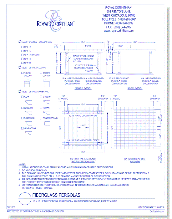 16' X 12' Up To 22' Fiberglass Pergola, Round/square Columns, Free Standing