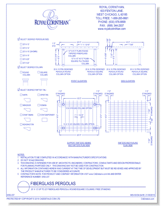 20' X 12' Up To 22' Fiberglass Pergola, Round/square Columns, Free Standing