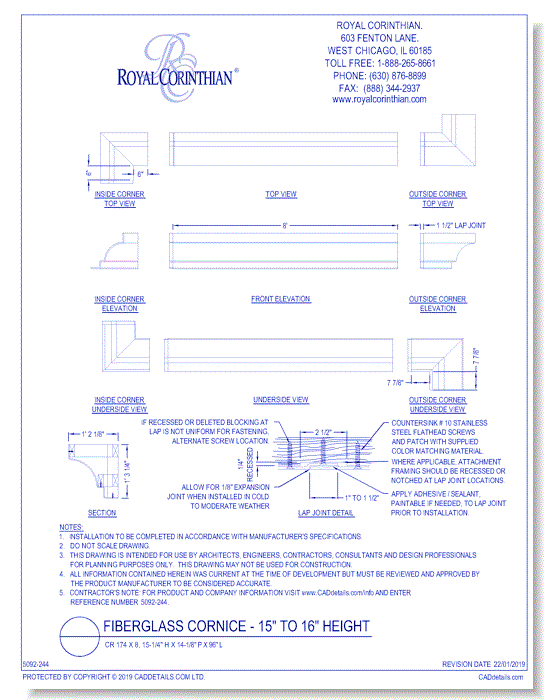 Fiberglass Cornice: CR 174x8, 15-1/4" H x 14-1/8" P x 96" L