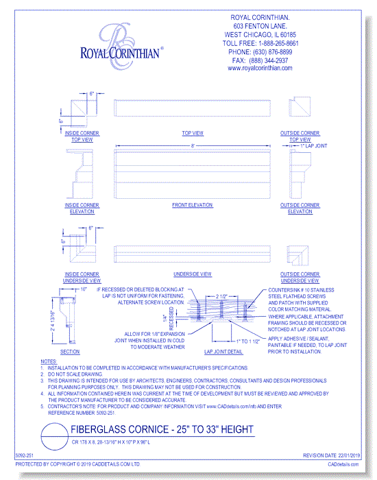 Fiberglass Cornice: CR 178x8, 28-13/16" H x 10" P x 96" L