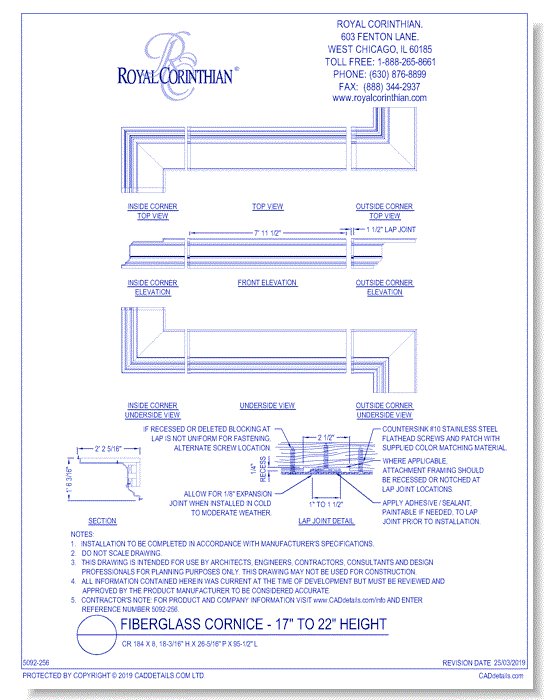 Fiberglass Cornice: CR 184x8, 18-3/16" H x 26-5/16" P x 95-1/2" L