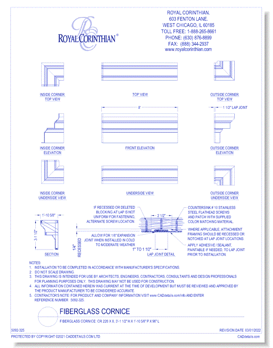 Fiberglass Cornice: CR 226x8, 3'-1 1/2" H x 1'-10 5/8" P x 96'' L