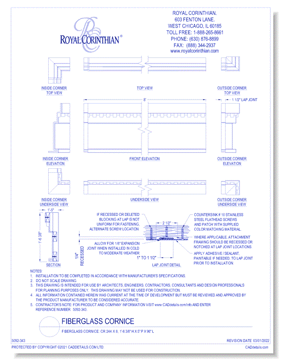 Fiberglass Cornice: CR 244x8, 1'-6 3/8" H x 5" P x 96'' L