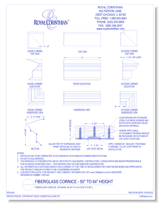 Fiberglass Cornice: CR 264x8, 54-3/4" H x 35-13/16" P x 96" L