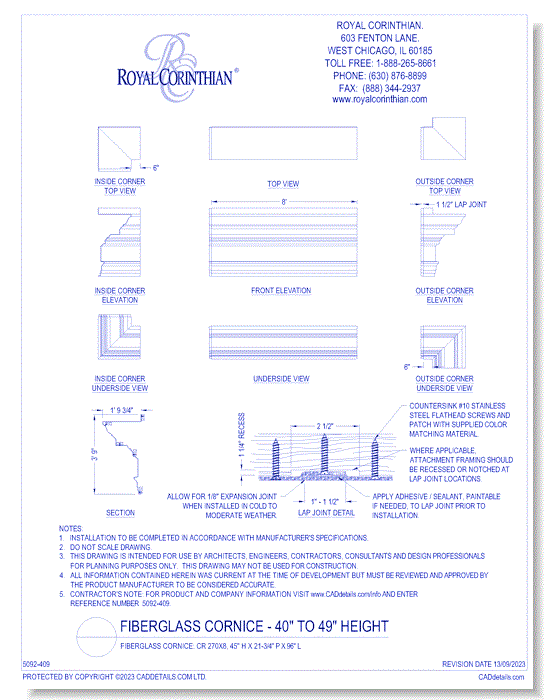 Fiberglass Cornice: CR 270x8, 45" H x 21-3/4" P x 96" L