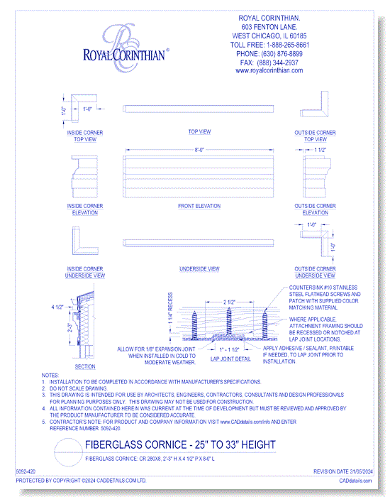 Fiberglass Cornice: CR 280x8, 2'-3" H x 4-1/2" P x 8'-0" L