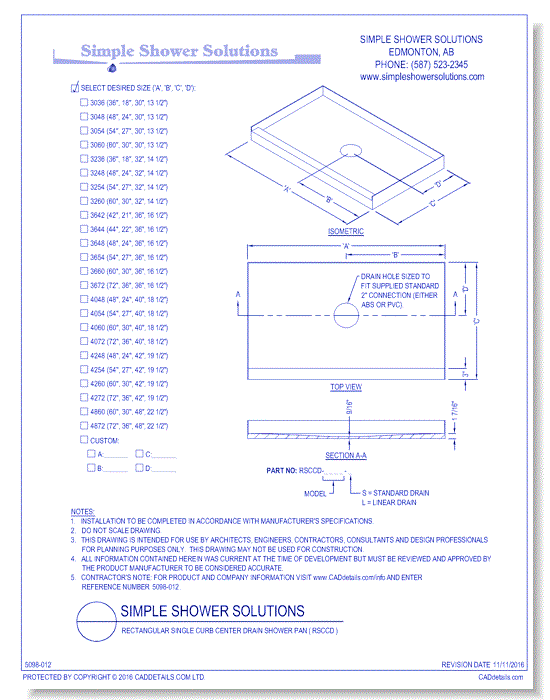 Rectangular Single Curb Center Drain Shower Pan ( RSCCD )