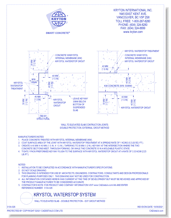 Wall to Elevated Slab – Double Protection – Ext Grout Method