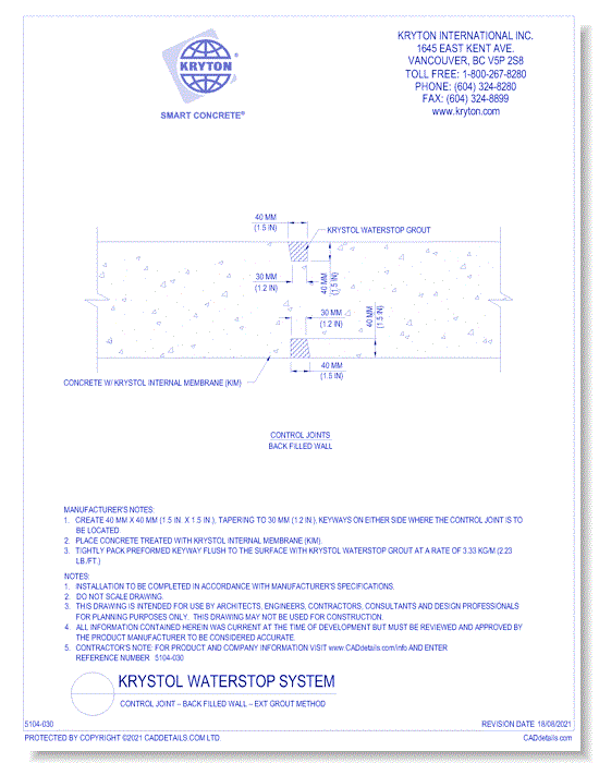 Control Joint – Back Filled Wall – Ext Grout Method