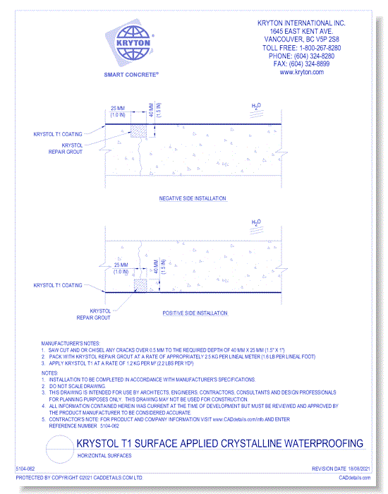 Krystol T1 Applied Waterproofing - Horizontal Surfaces – Leak Repair