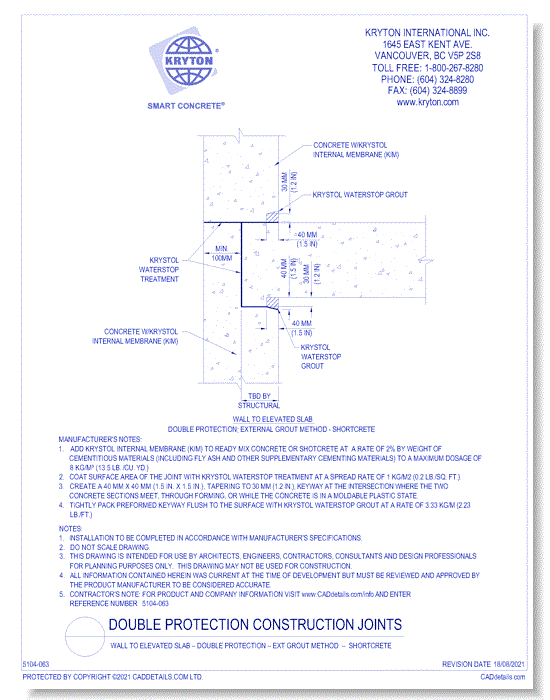 Wall to Elevated Slab – Double Protection – Ext Grout Method  –  Shortcrete