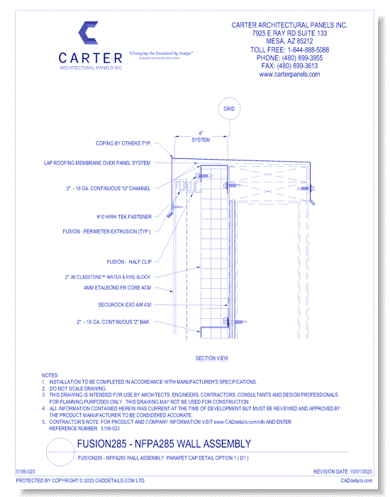 Fusion285 - NFPA285 Wall Assembly: Parapet Cap Detail Option 1 ( D1 )