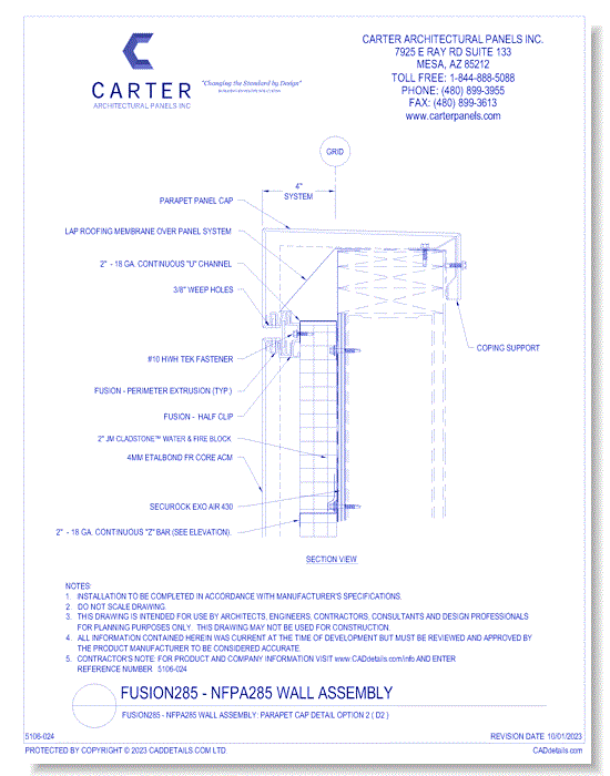 Fusion285 - NFPA285 Wall Assembly: Parapet Cap Detail Option 2 ( D2 )