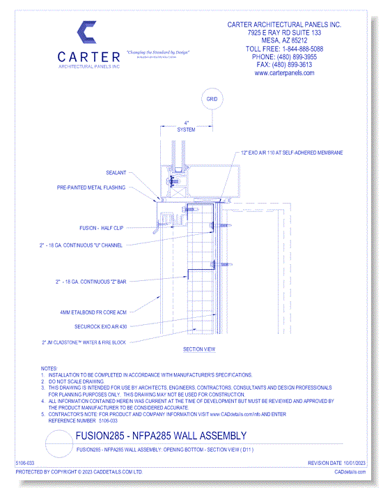 Fusion285 - NFPA285 Wall Assembly: Opening Bottom - Section View ( D11 )