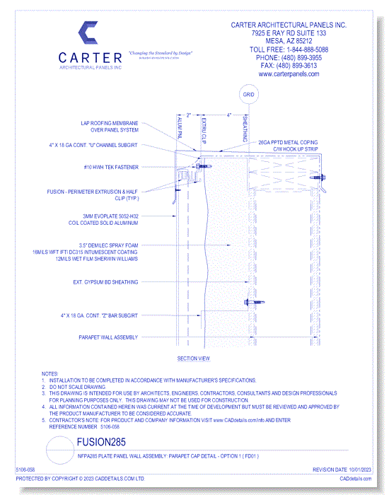 Fusion285 - NFPA285 Plate Panel Wall Assembly: Parapet Cap Detail - Option 1 ( FD01 )
