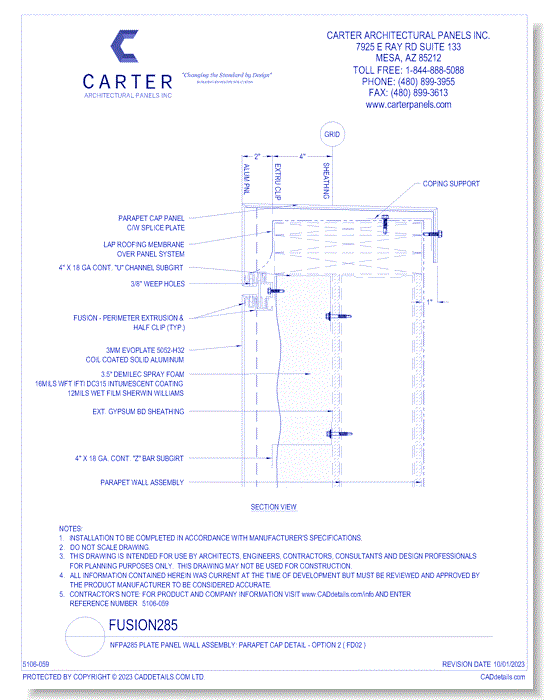 Fusion285 - NFPA285 Plate Panel Wall Assembly: Parapet Cap Detail - Option 2 ( FD02 )