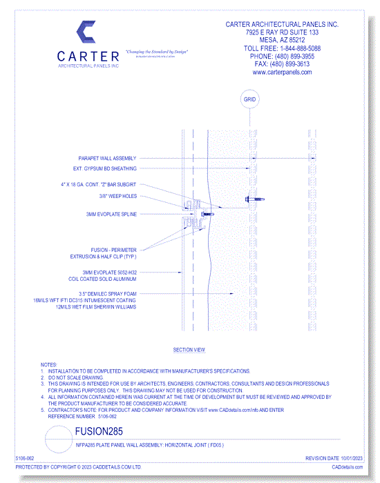 Fusion285 - NFPA285 Plate Panel Wall Assembly: Horizontal Joint ( FD05 )