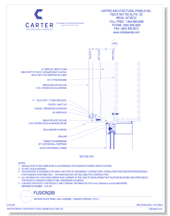 Fusion285 - NFPA285 Plate Panel Wall Assembly: Header Opening ( FD10 )