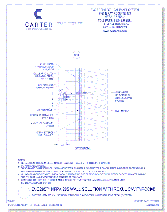 EVO™285 NFPA 285 Wall Solution With ROXUL CavityRock®: Horizontal Joint Detail ( Section )