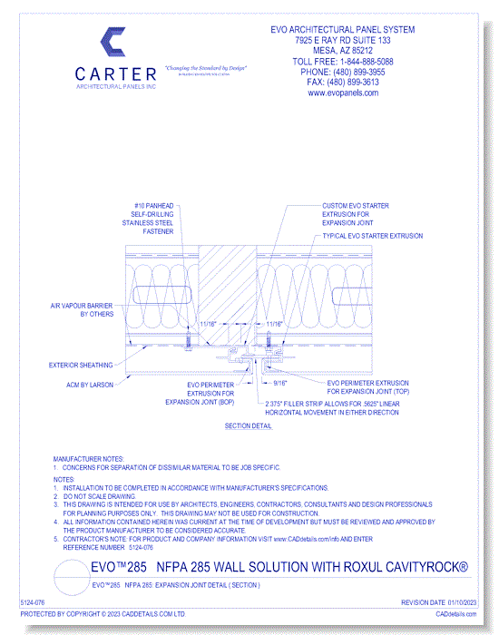 EVO™285 NFPA 285 Wall Solution With ROXUL CavityRock®: Expansion Joint Detail ( Section )