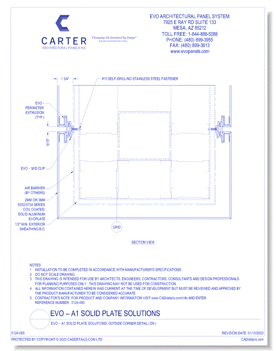 EVO – A1 Solid Plate Solutions: Outside Corner Detail ( D9 )