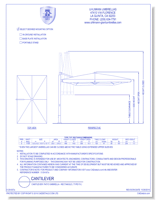 Cantilever: Patio Umbrella - Rectangle ( Type FX )