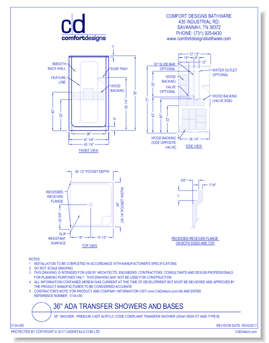 36": Shower - Premium Cast Acrylic Code Compliant Transfer Shower (XSA 4136SH OT ANSI Type B)