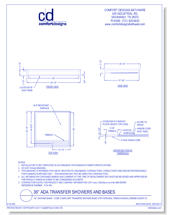 36": Shower Base - AcrylX™ Applied Acrylic Accessible Shower Base with Integral Trench Drain (XSBSSB 3838TR.75)