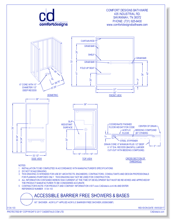 60": Shower - AcrylX™ Applied Acrylic (XSS6036BF) or Solid Surface Barrier Free Shower (SSS6036BF)