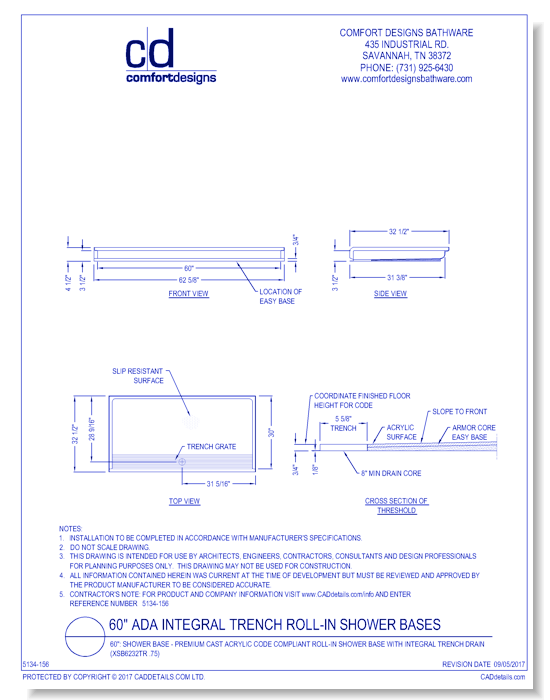 60": Shower Base - AcrylX™ Applied Acrylic Code Compliant Roll-In Shower Base with Integral Trench Drain (XSB6232TR .75)