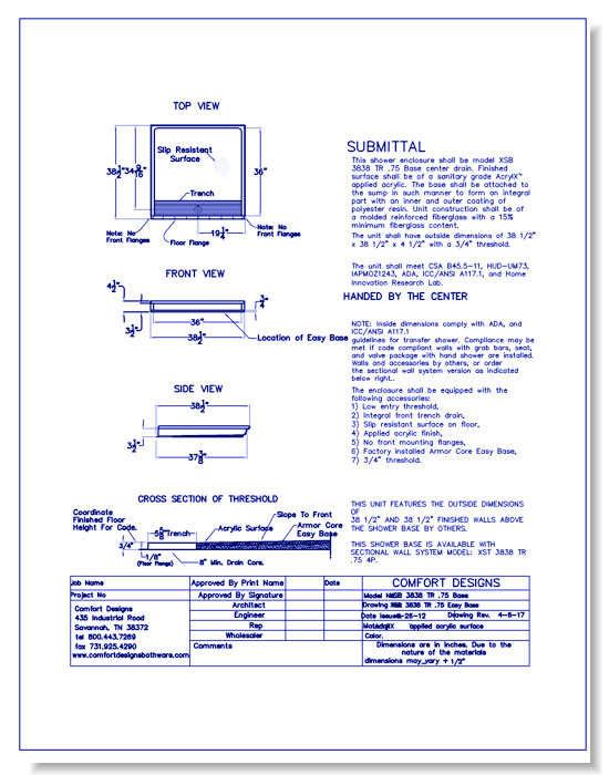36": Shower Base - AcrylX™ Applied Acrylic Accessible Shower Base with Integral Trench Drain (XSBSSB 3838TR.75)