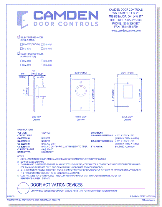 CM-8000/8100 Series: Medium Duty Vandal Resistant Push Buttons(Extended Button)