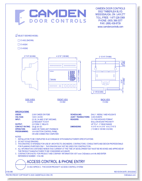CV-602 MPROX 2: Two Door Proximity Access Control System