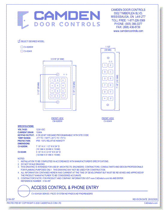 CV-634/626 Series: Piezo System Keypads & Keypad/Readers