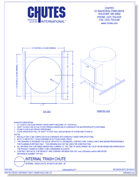 Internal Trash Chute: Intake Plan View - 36"