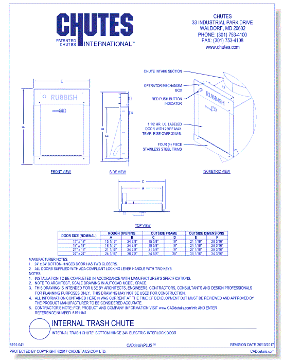 Internal Trash Chute: Bottom Hinge 24V Electric Interlock Door