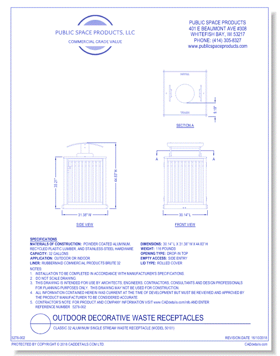 Classic 32 Aluminum Single Stream Waste Receptacle (Model 50101)