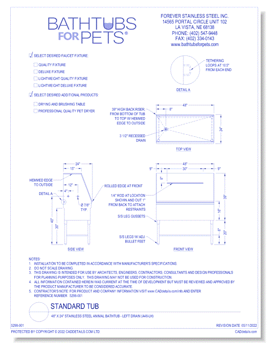 Standard Tub: 48" x 24" Stainless Steel Animal Bathtub - Left Drain (A48-LH)