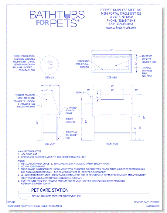 52" x 24" Stainless Steel Pet Care Station (E52)