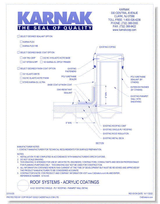 K-621 Existing Single - Ply Roofing - Parapet Wall Detail