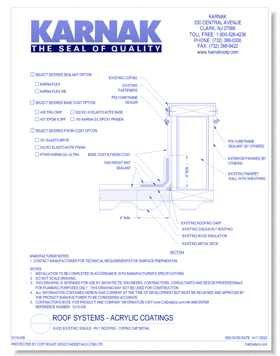 K-622 Existing Single - Ply Roofing - Coping Cap Detail