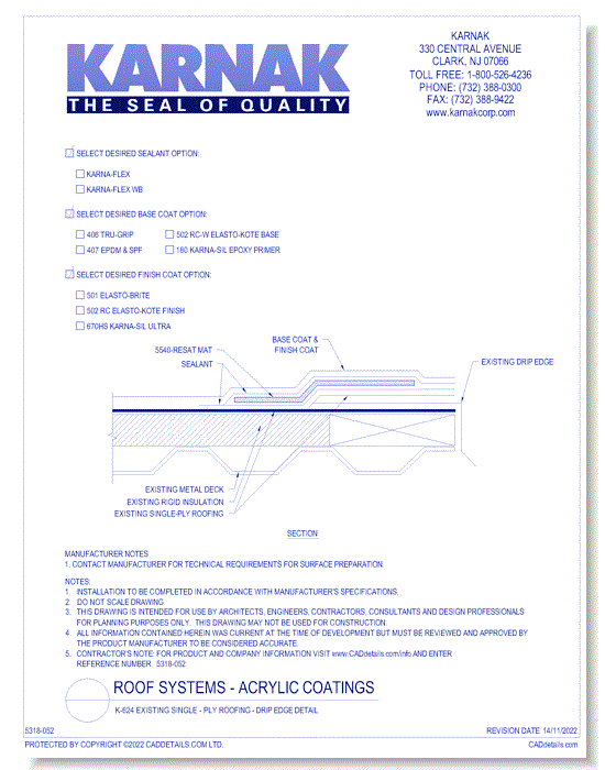 K-624 Existing Single - Ply Roofing - Drip Edge Detail