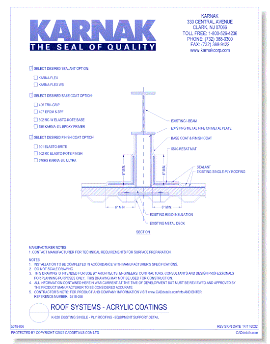 K-628 Existing Single - Ply Roofing - Equipment Support Detail