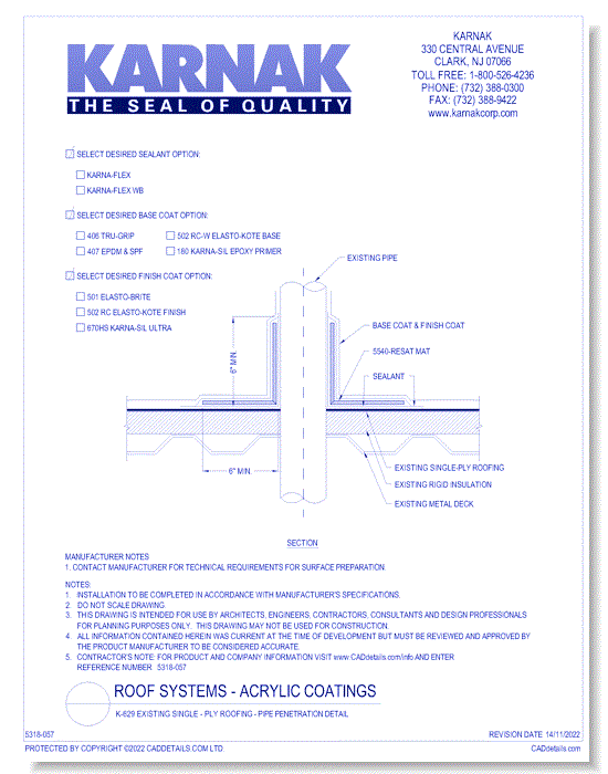 K-629 Existing Single - Ply Roofing - Pipe Penetration Detail