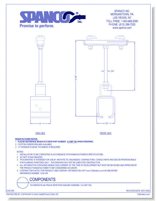 700 Series Plain Track Drop Rod Hanger Assembly (K-CMP-700)