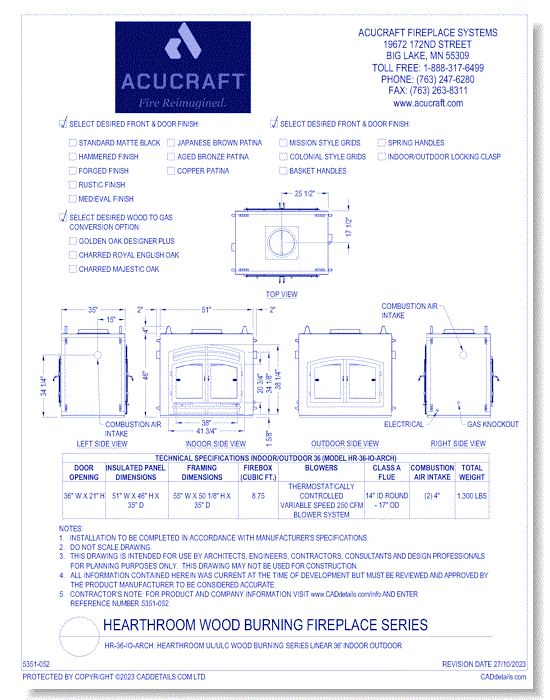 HR-36-IO-ARCH: Hearthroom UL/ULC Wood Burning Series Linear 36' Indoor Outdoor